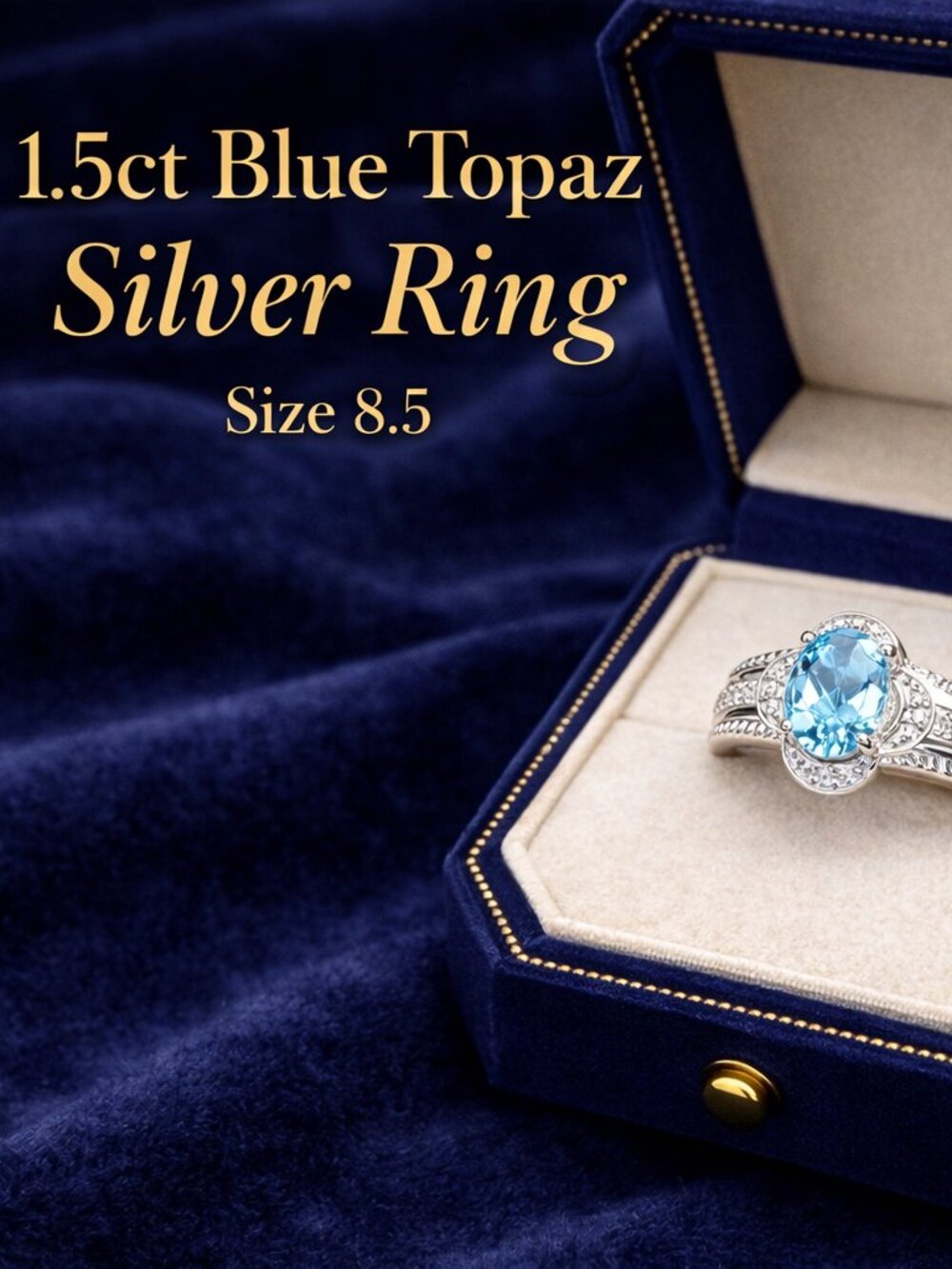 Blue Topaz Silver Ring 1.5ct, Oval Gemstone Ring, Elegant Halo Style Ring